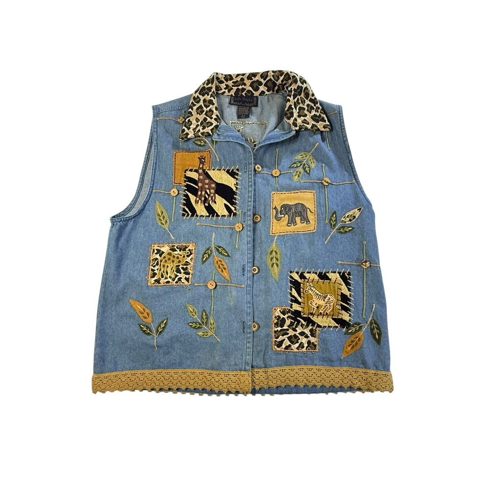 Life‎ Style Denim Vest Safari Embroidered Patchwork Boho Lagenlook L
